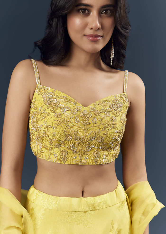 Lemon Yellow Banarasi Silk Bridesmaid Lehenga With Heavy Hand Embroidery
