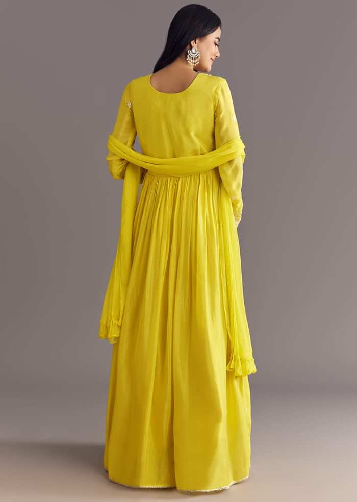 Lemon Yellow Chinon Anarkali With Moti And Sequins Embroidery