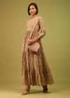 Ocher Yellow Tiered Dress In Cotton Silk With Multicolor Floral Print Online - RE By Kalki