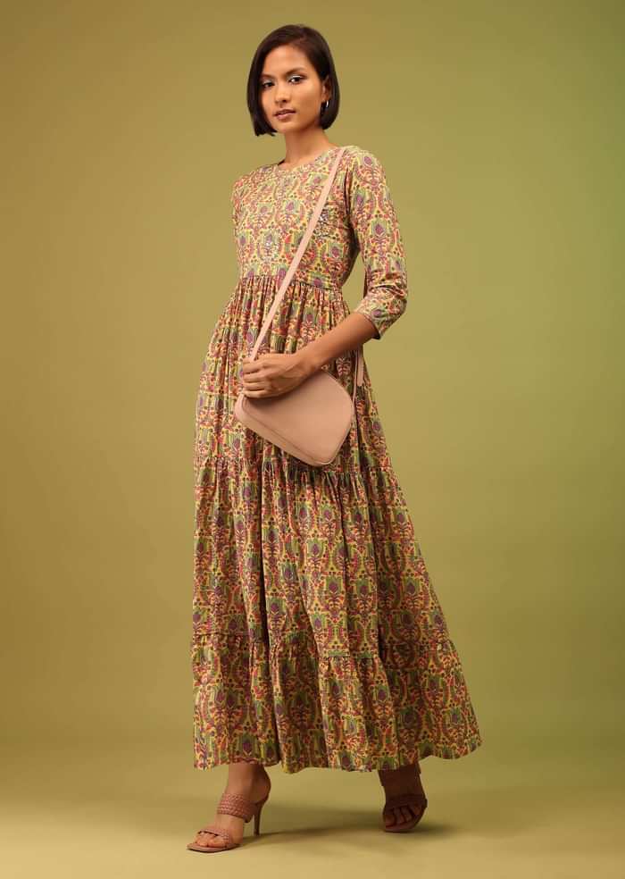 Ocher Yellow Tiered Dress In Cotton Silk With Multicolor Floral Print Online - RE By Kalki