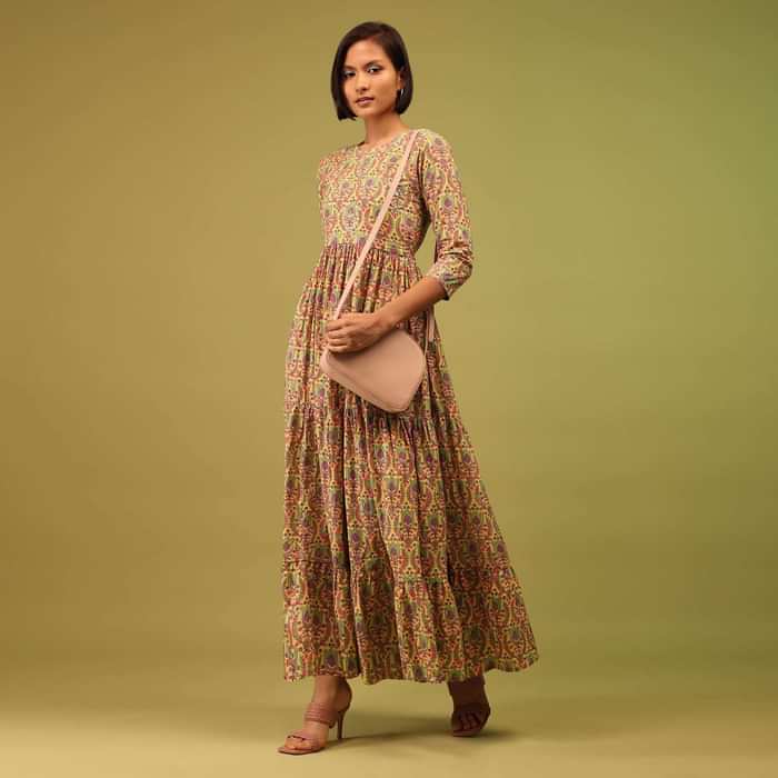 Ocher Yellow Tiered Dress In Cotton Silk With Multicolor Floral Print Online - RE By Kalki