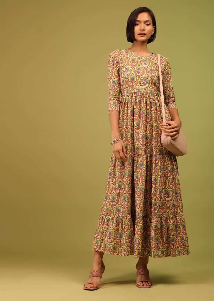 Ocher Yellow Tiered Dress In Cotton Silk With Multicolor Floral Print Online - RE By Kalki