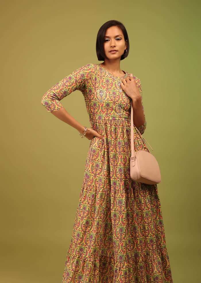 Ocher Yellow Tiered Dress In Cotton Silk With Multicolor Floral Print Online - RE By Kalki