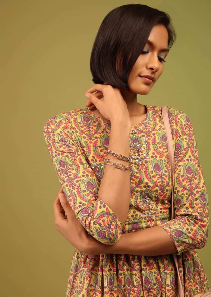 Ocher Yellow Tiered Dress In Cotton Silk With Multicolor Floral Print Online - RE By Kalki