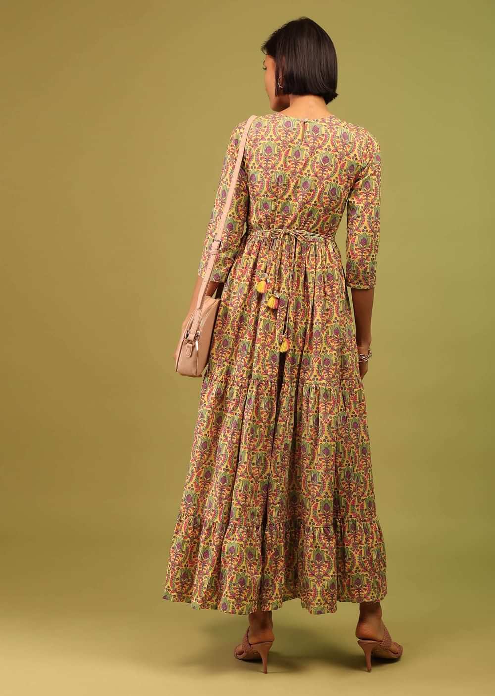 Ocher Yellow Tiered Dress In Cotton Silk With Multicolor Floral Print Online - RE By Kalki