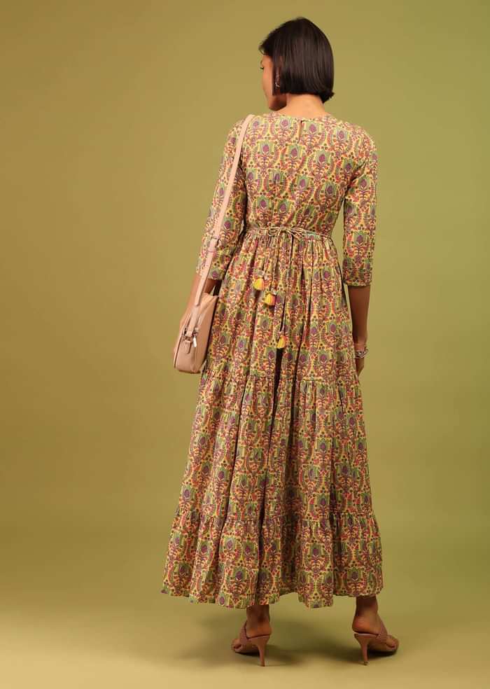 Ocher Yellow Tiered Dress In Cotton Silk With Multicolor Floral Print Online - RE By Kalki