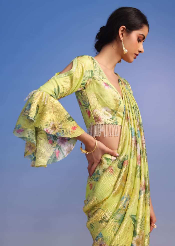 Lemon Green Ready-To-Wear Saree In Crush With Floral Print And Stone Tassel Border