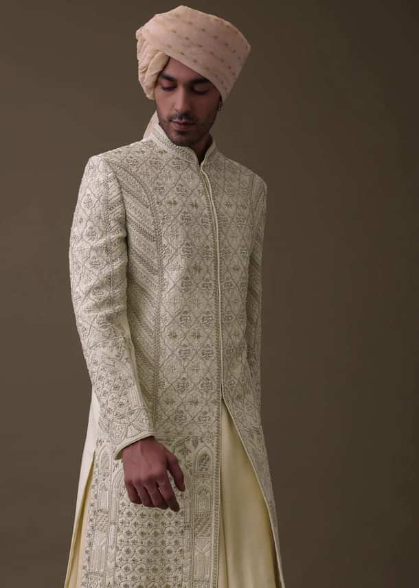 Lemon Yellow Embroidered Sherwani Set In Silk With Mala And Anarkali Line Kurta
