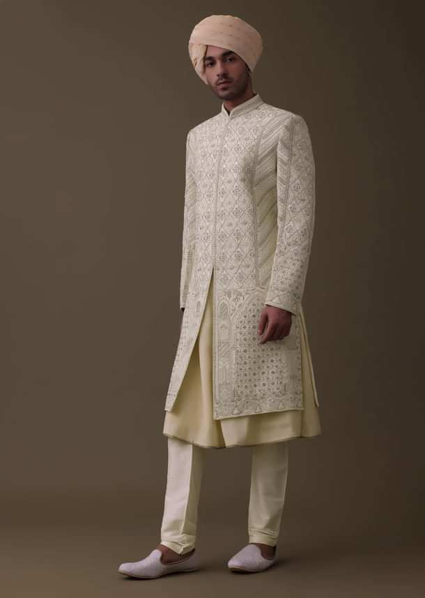 Lemon Yellow Embroidered Sherwani Set In Silk With Mala And Anarkali Line Kurta