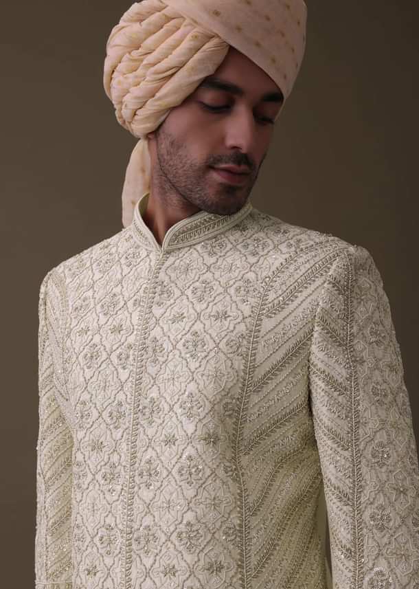 Lemon Yellow Embroidered Sherwani Set In Silk With Mala And Anarkali Line Kurta