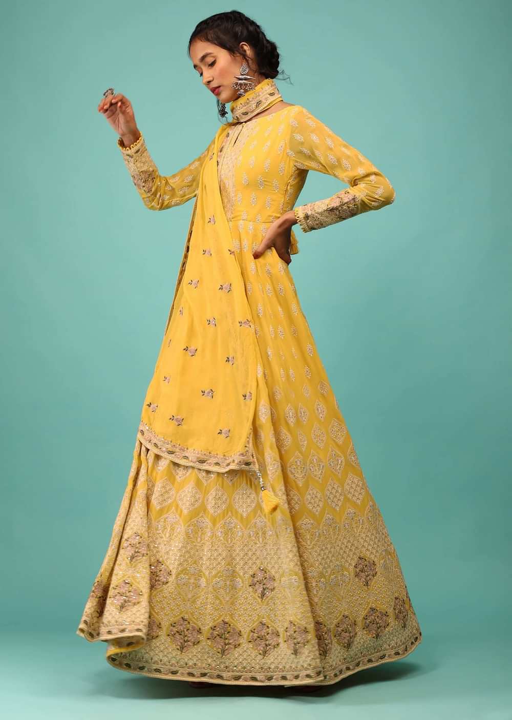 Lime Yellow Anarkali Suit In Georgette With Floral Embroidery