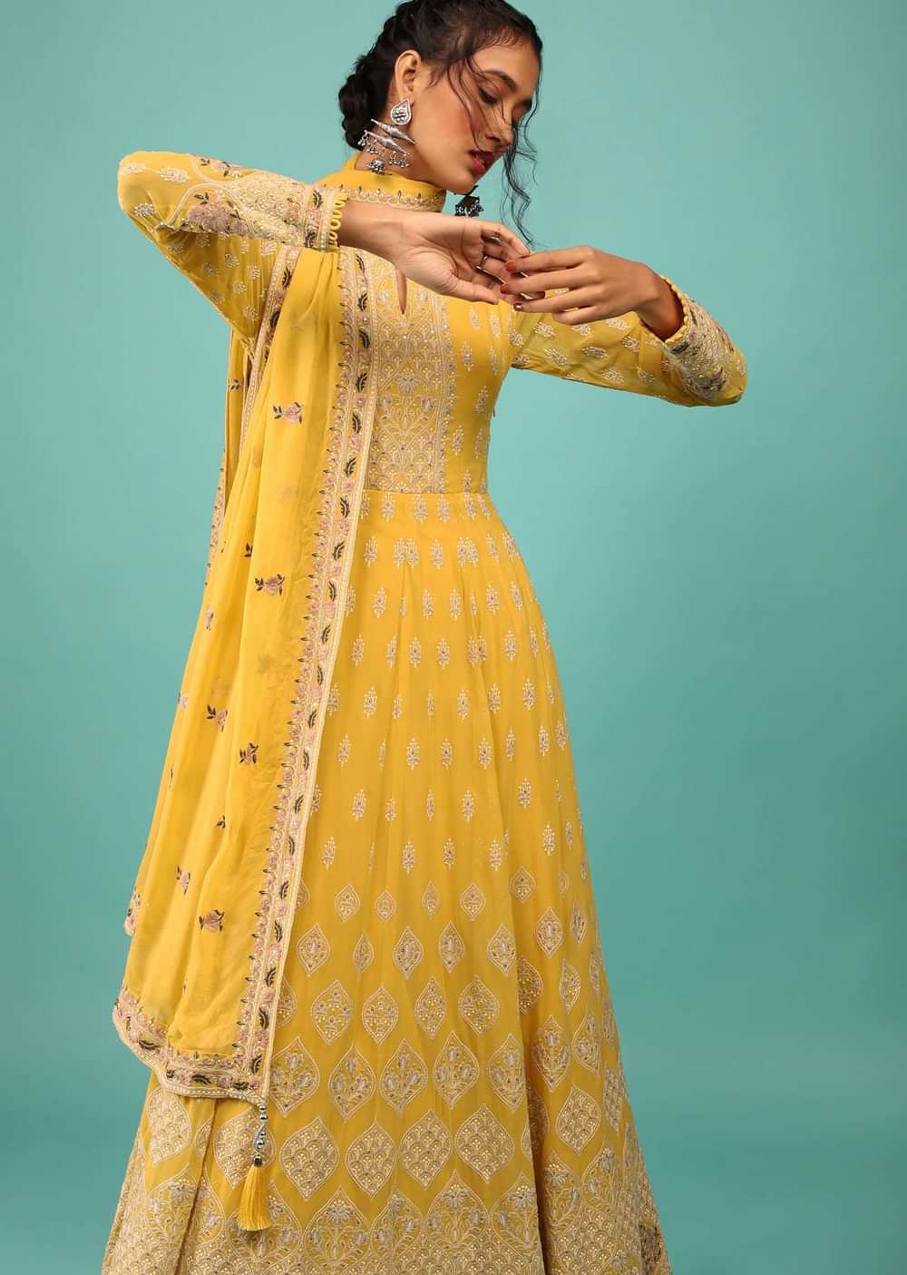 Lime Yellow Anarkali Suit In Georgette With Floral Embroidery