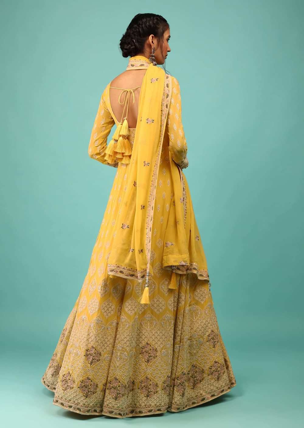 Lime Yellow Anarkali Suit In Georgette With Floral Embroidery