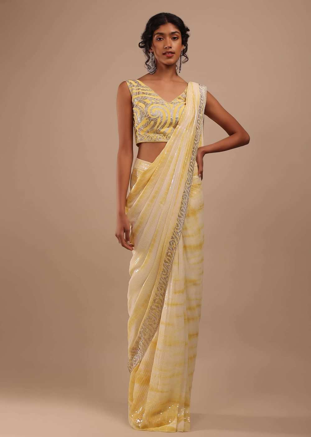 Lemon Yellow And Off-White Ombre Ready Pleated Sequins Saree With Multi-Color Beads Embellishment In Floral Detailing On Pallu Border