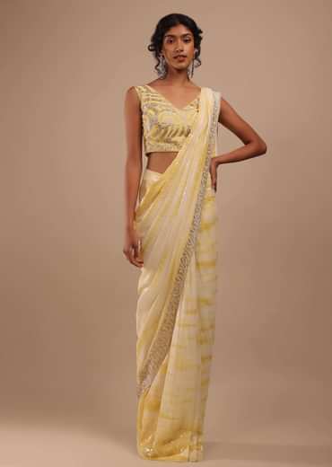 Lemon Yellow And Off-White Ombre Ready Pleated Sequins Saree With Multi-Color Beads Embellishment In Floral Detailing On Pallu Border