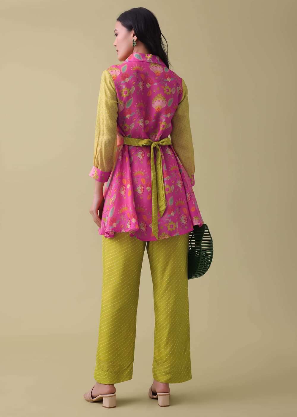 Lemon Yellow Floral Printed Co-ord Set In Tussar - RE By Kalki