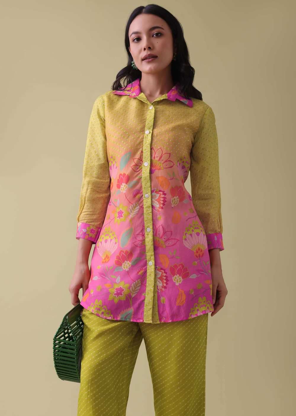 Lemon Yellow Floral Printed Co-ord Set In Tussar - RE By Kalki