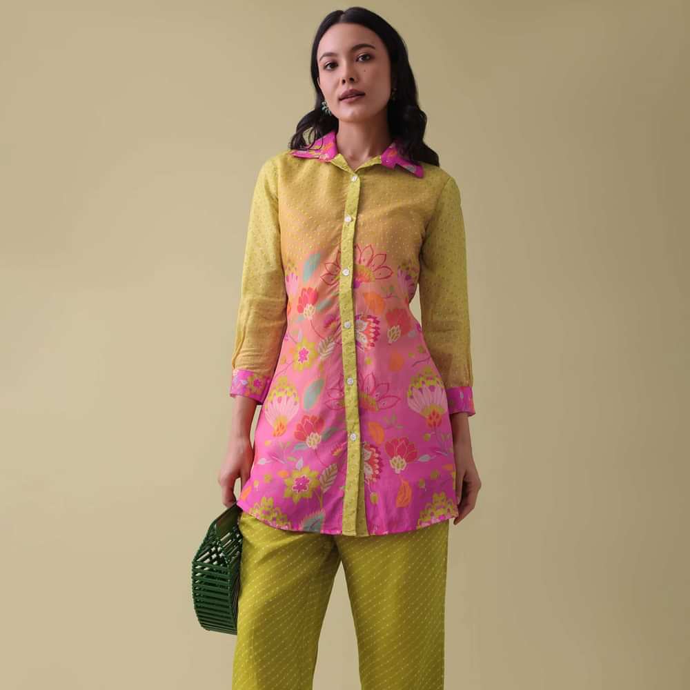 Lemon Yellow Floral Printed Co-ord Set In Tussar - RE By Kalki