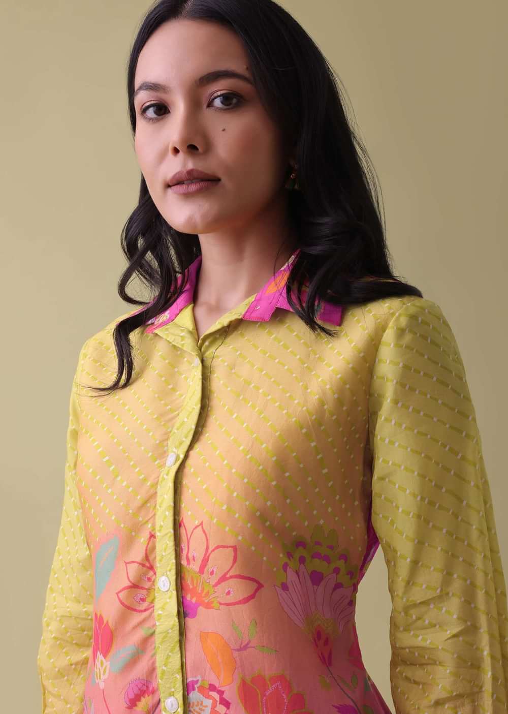 Lemon Yellow Floral Printed Co-ord Set In Tussar - RE By Kalki