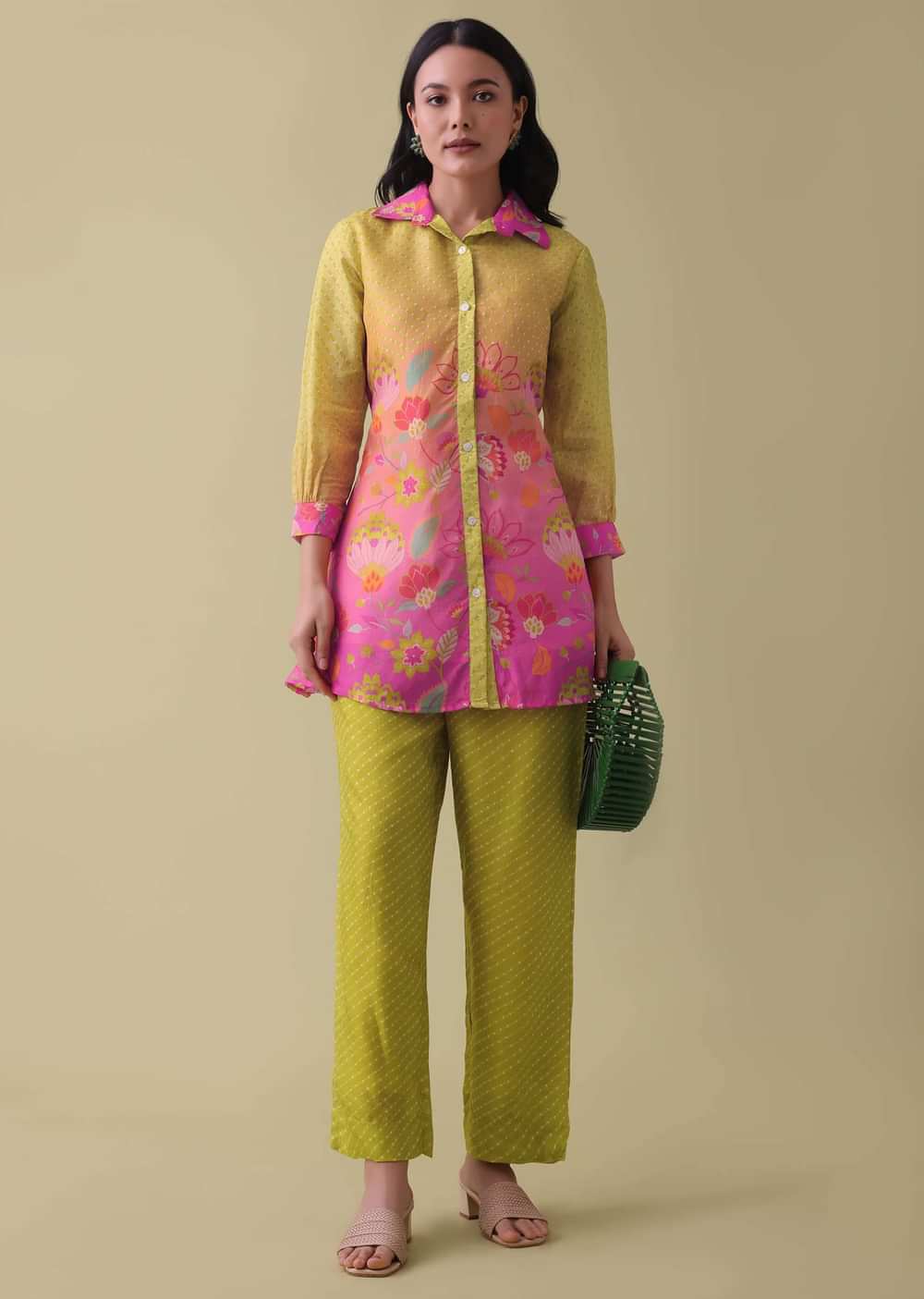 Lemon Yellow Floral Printed Co-ord Set In Tussar - RE By Kalki
