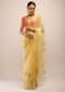 Lemon Yellow Saree In Organza With Multi Colored Floral Print And Moti Embellished Border