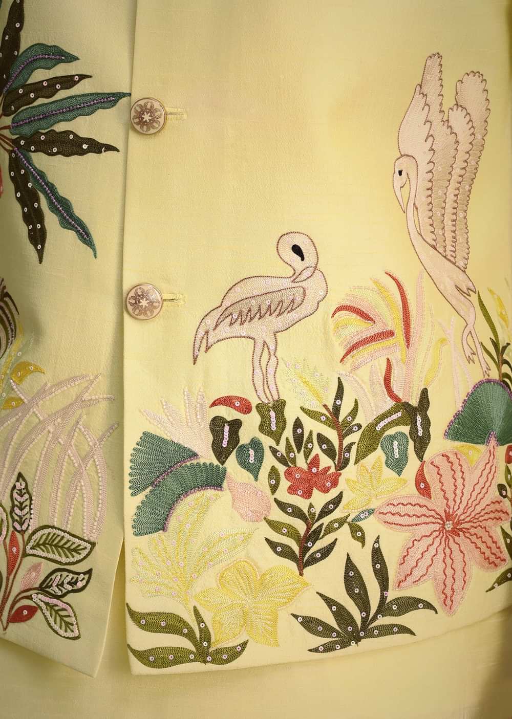 Lemon Yellow Silk Thread Work Kurta Jacket Set