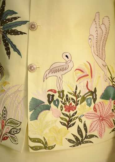 Lemon Yellow Silk Thread Work Kurta Jacket Set