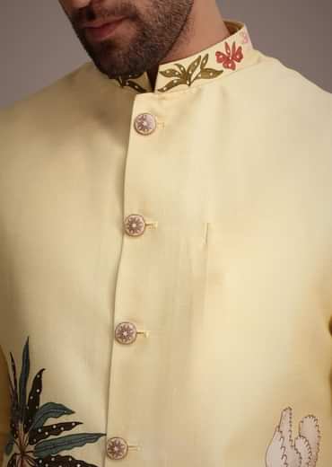 Lemon Yellow Silk Thread Work Kurta Jacket Set