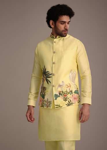 Lemon Yellow Silk Thread Work Kurta Jacket Set