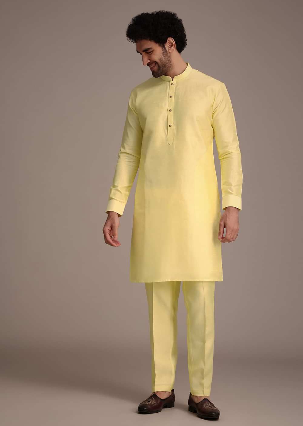 Lemon Yellow Silk Thread Work Kurta Jacket Set