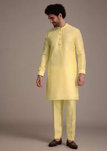 Lemon Yellow Silk Thread Work Kurta Jacket Set