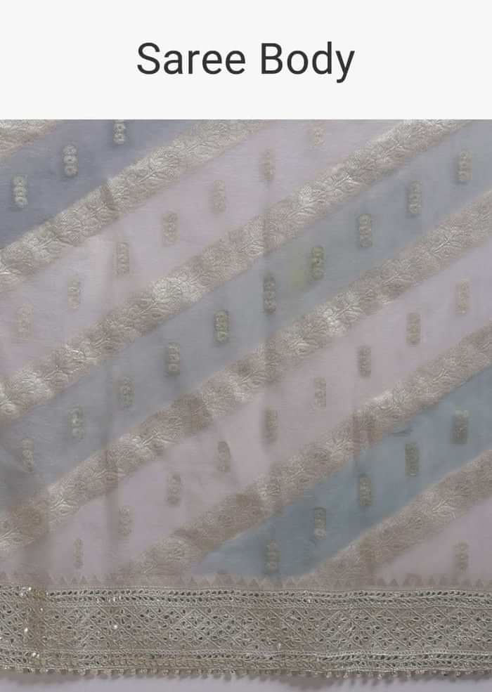 Light And Dark Grey Shaded Saree In Organza With Weaved Floral Pattern In Diagonal Stripes Online - Kalki Fashion