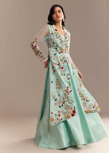 Light Aqua Blue Zardosi Embroidered Jacket Lehenga Set