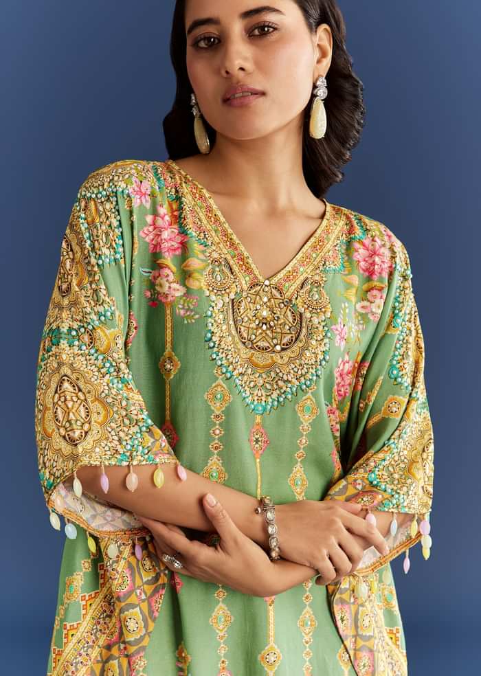 Light Aqua Green Cotton Muslin Kaftaan With Printed Dhoti