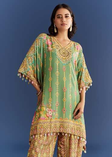 Light Aqua Green Cotton Muslin Kaftaan With Printed Dhoti