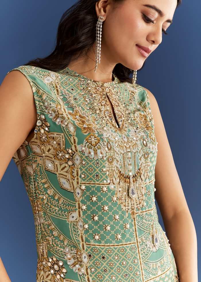 Light Aqua Green Crepe Printed Kurta Pant With Shell Tassels