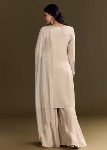 Light Beige Chinon Kurta Palazzo With Scallop Cutdana Dupatta