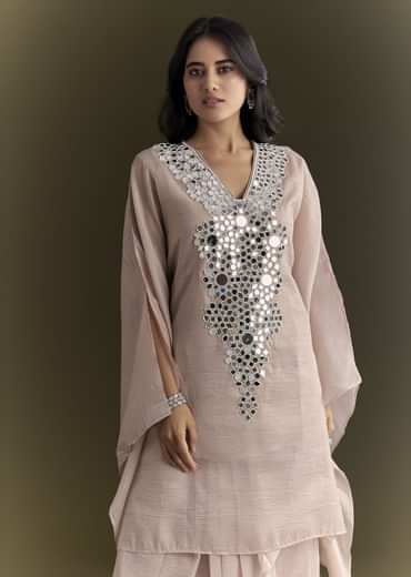 Light Beige Pink Kaftan Kurta Set With Mirror Moti Work