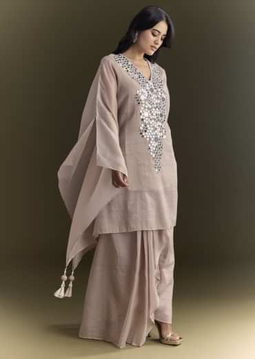 Light Beige Pink Kaftan Kurta Set With Mirror Moti Work