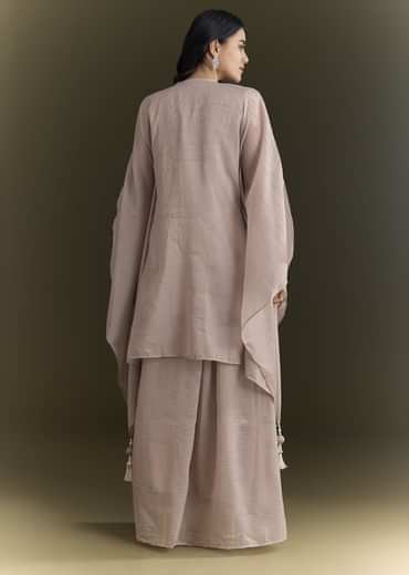 Light Beige Pink Kaftan Kurta Set With Mirror Moti Work