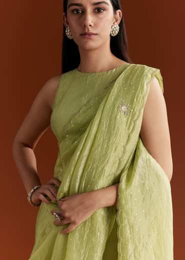 Light Green Crushed Tissue Sequin Saree With Scallop Border