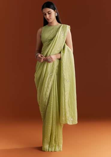 Light Green Crushed Tissue Sequin Saree With Scallop Border