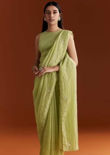 Light Green Crushed Tissue Sequin Saree With Scallop Border