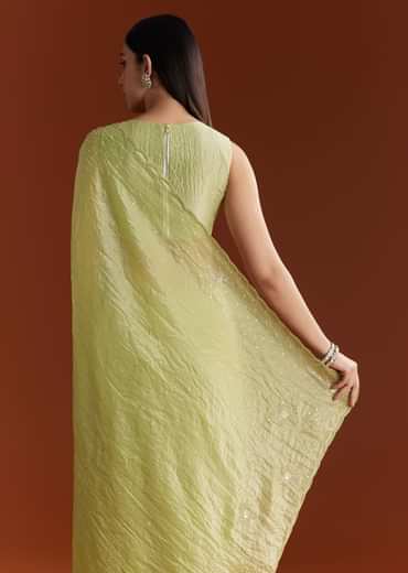 Light Green Crushed Tissue Sequin Saree With Scallop Border
