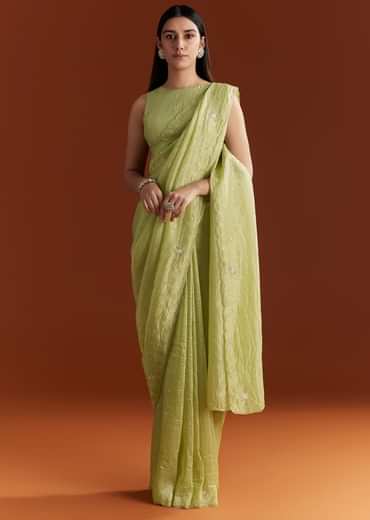 Light Green Crushed Tissue Sequin Saree With Scallop Border