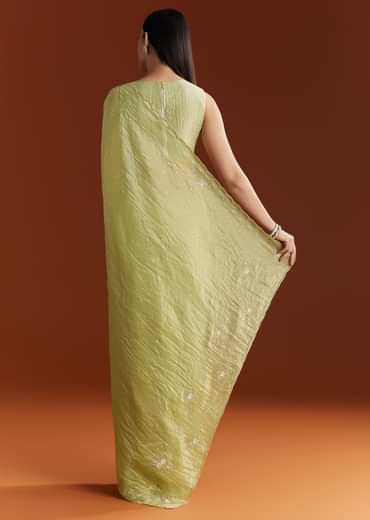 Light Green Crushed Tissue Sequin Saree With Scallop Border