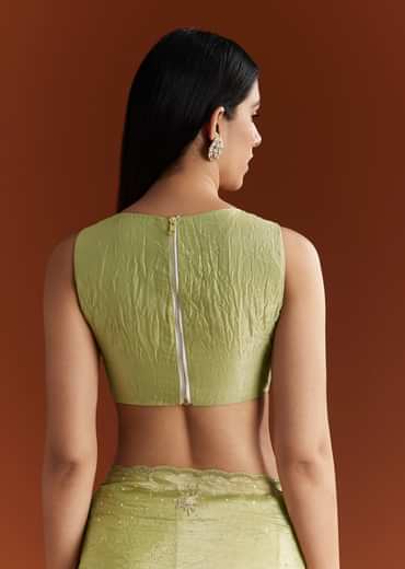 Light Green Crushed Tissue Sequin Saree With Scallop Border
