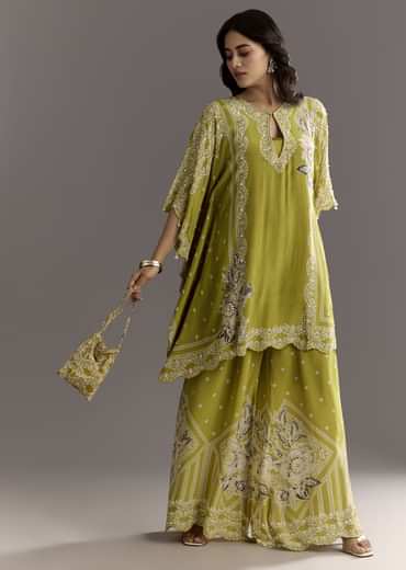 Light Green Floral Printed Kaftaan Kurta With Moti Work Palazzo And Side Pouch Bag