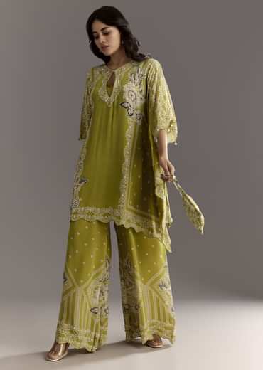 Light Green Floral Printed Kaftaan Kurta With Moti Work Palazzo And Side Pouch Bag
