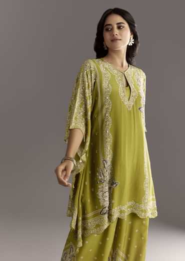 Light Green Floral Printed Kaftaan Kurta With Moti Work Palazzo And Side Pouch Bag